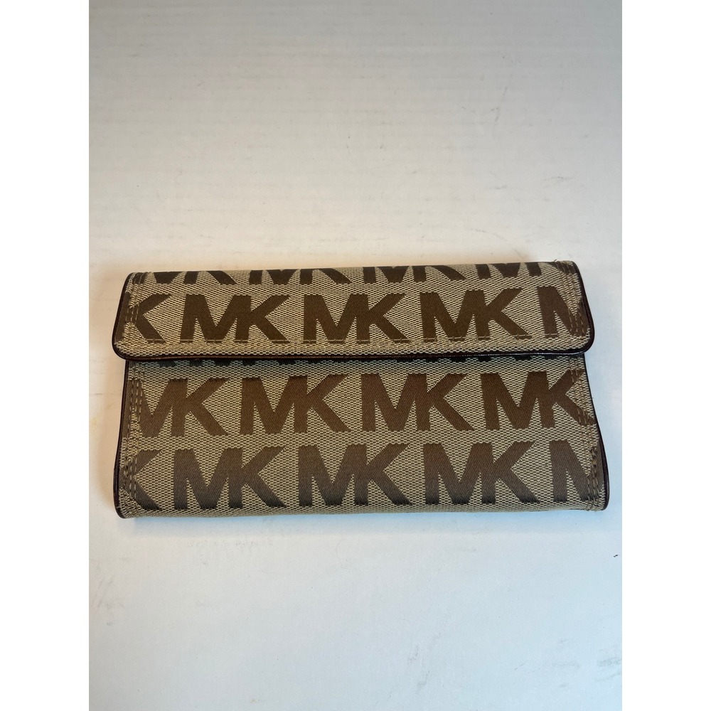 Michael Kors Brown Monogram Canvas Trifold Wallet Gold Hardware Leather Interior